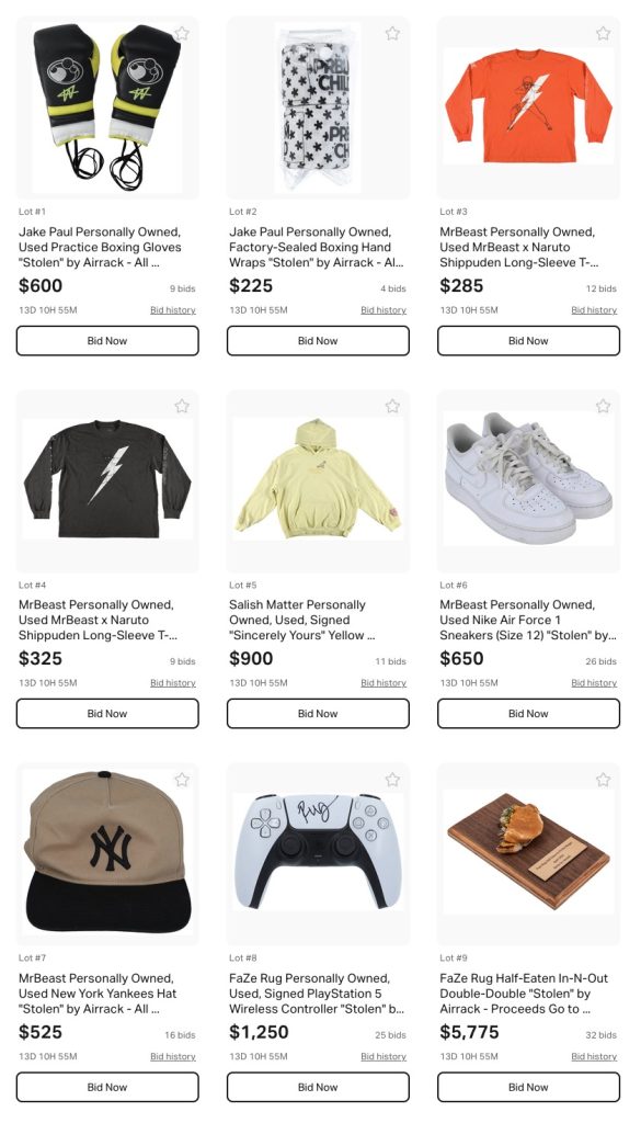 Fans can now bid on items Airrack ‘stole’ from MrBeast, FaZe Rug & Jake Paul