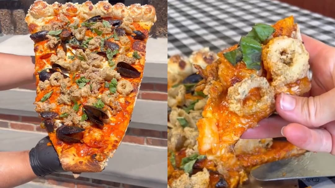 Una porción de pizza de 3 pies con mariscos se vuelve viral por su precio de $42.50